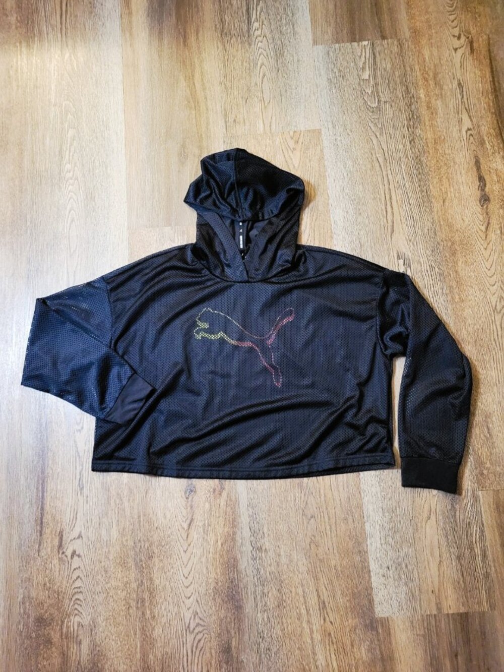 Puma Cropped Mesh Hoodie Women's Medium Drycell Lightweight Black Lined Logo